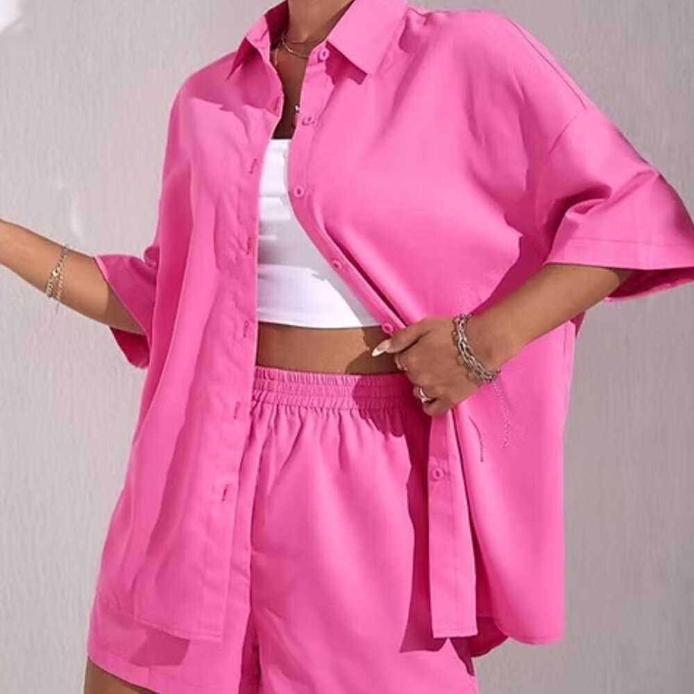 Pink T-Shirt Shorts Off-Shoulder Blouse Size M